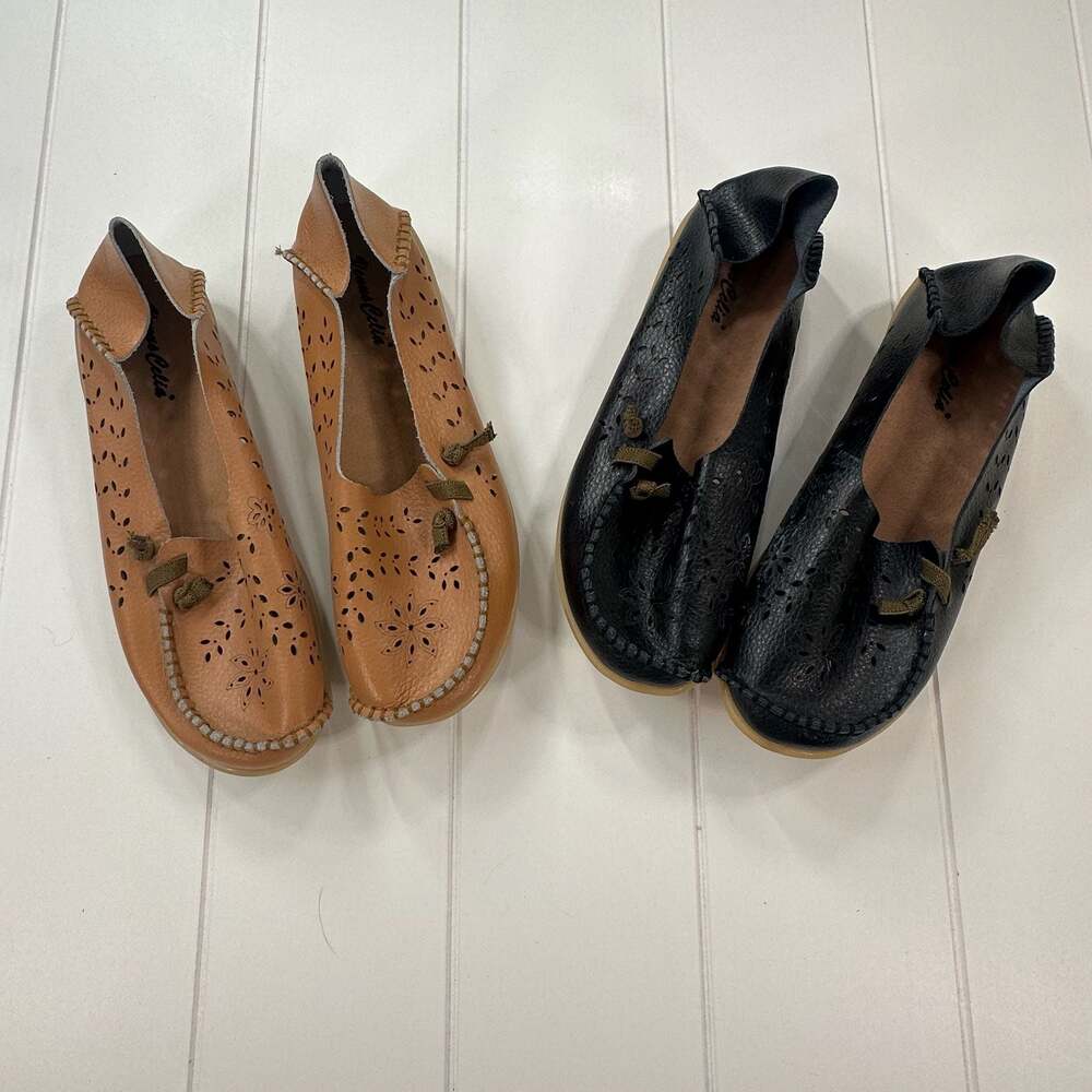 VenusCelia Women's Leather Moccasins Flower Punched Hole Design Slip On Flats Lo